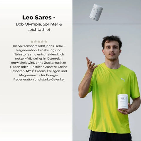 Spitzen Sportler Leo Sares mit MY8 Greens und MY8 Collagen in der Hand