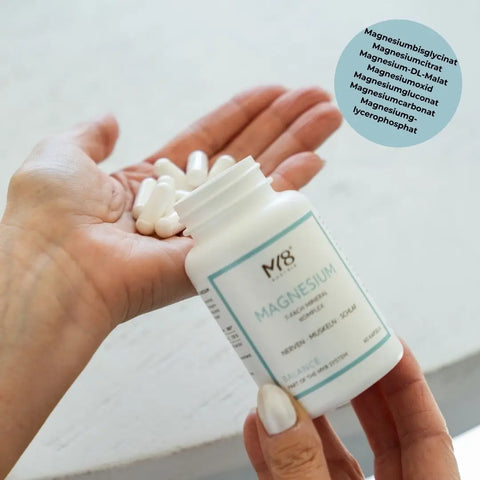 Bild mit Dose MY8 Magnesium und Kapseln in der Hand